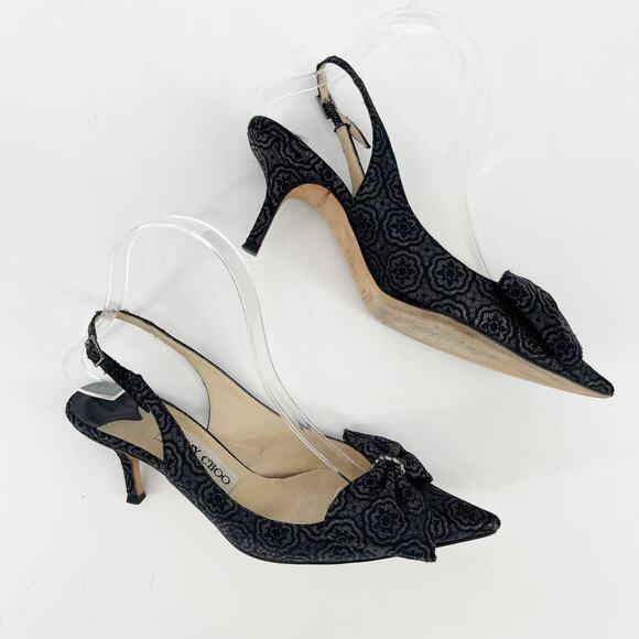 Vintage Jimmy Choo Gray Bow Crystal Pointed Toe Slingback Kitten Heel size IT 37 - Picture 3 of 12